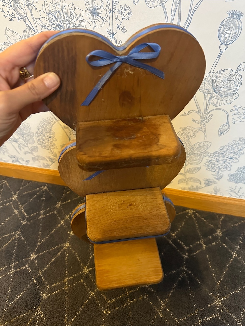 Wooden Heart Tiered Wall Shelf with Blue Ribbon Accents - Picture 12 of 12